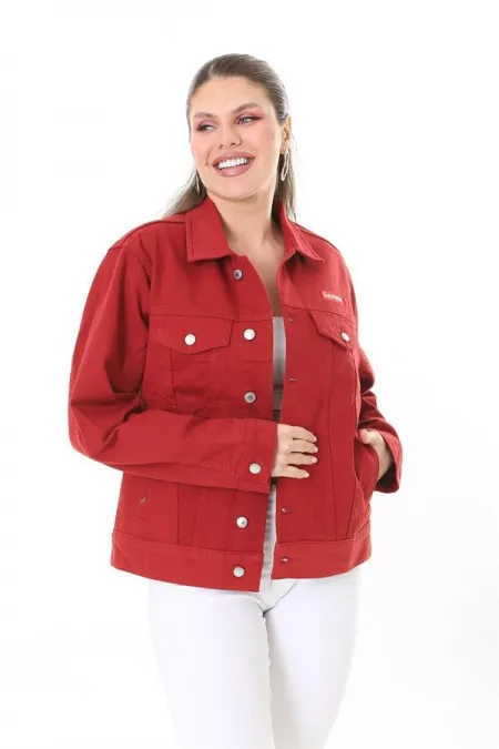 Kadın Büyük Beden Bordo Metal Düğmeli Kup Detaylı Cepli Kot Mont 65N37713