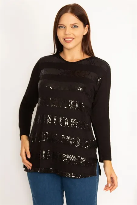 Kadın Siyah Önü Payet Detaylı Uzun Kollu Bluz 65N34724