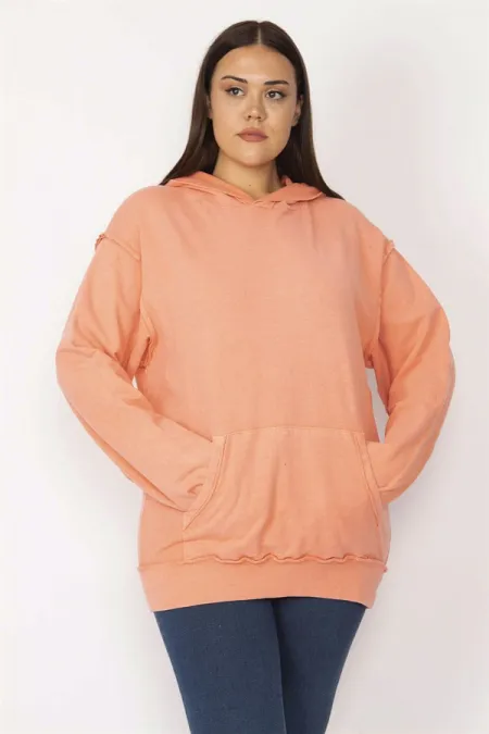 Women's Orange Hooded Kangaroo Pocket Sweatshirt 65N29634