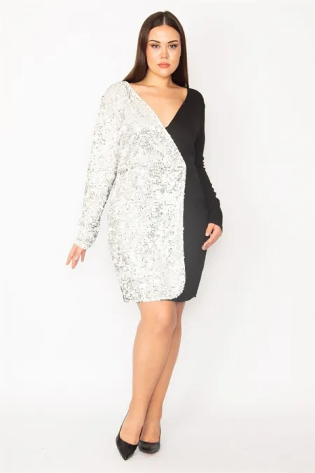 Kadın Siyah Payet Detaylı Kapalı Anvelop Elbise 65N30145