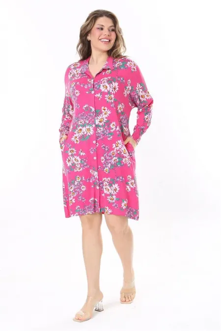 Kadın Büyük Beden Renkli Düğmeli Gömlek Yakalı Kol Ağzı Lastikli Elbise 65N37967