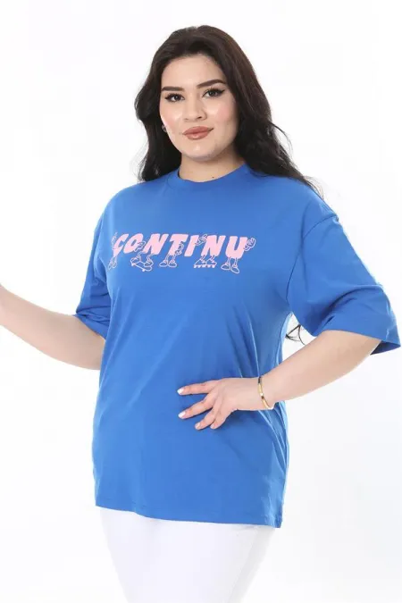 Kadın Büyük Beden Saks Pamuk Kumaş Ön Baskılı Kısa Kollu Bluz 65N38008