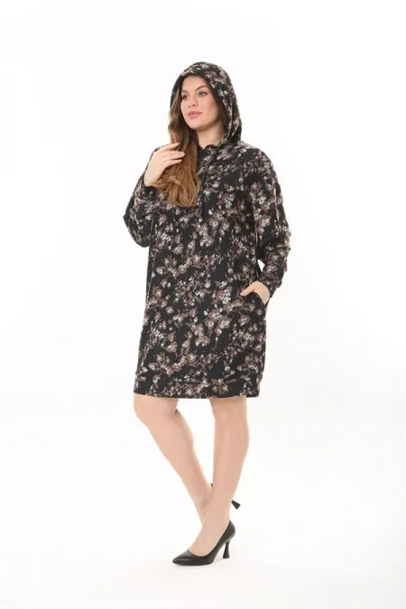 Kadın Büyük Beden Kahve Kapşonlu Yan Cepli Elbise 65N37555