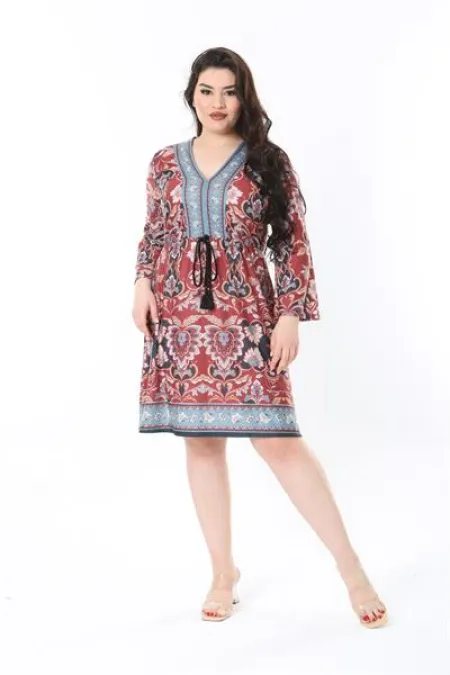 Kadın Büyük Beden Renkli V Yakalı Desenli Elbise 65N38846