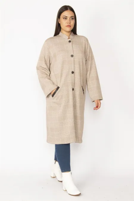 Hakim Yaka Ekose Desenli Ön Boy Baskı Düğmeli Cep Ağzı Suni Deri Garnili Astarsız Uzun Kap