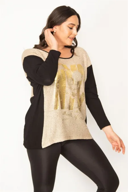 Kadın Siyah Önü Lak Baskı Detaylı İki Renkli Tunik 65N31028