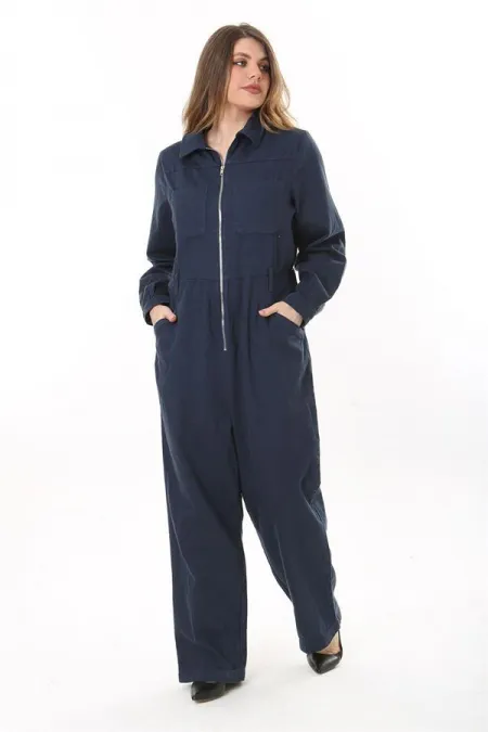 Kadın Büyük Beden Lacivert Ön Fermuarlı 4 Cepli Arka Bel Kemeri Lastikli Kot Tulum 65N37573