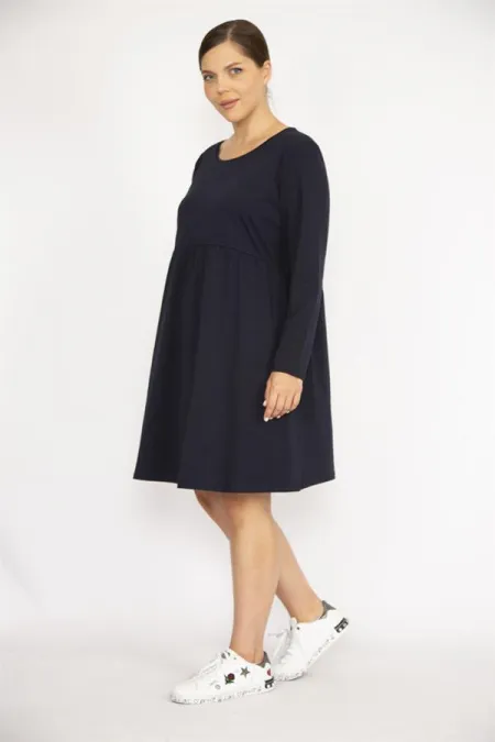 Kadın Büyük Beden Lacivert Bisiklet Yakalı Belden Büzgülü Uzun Kollu Tunik Elbise