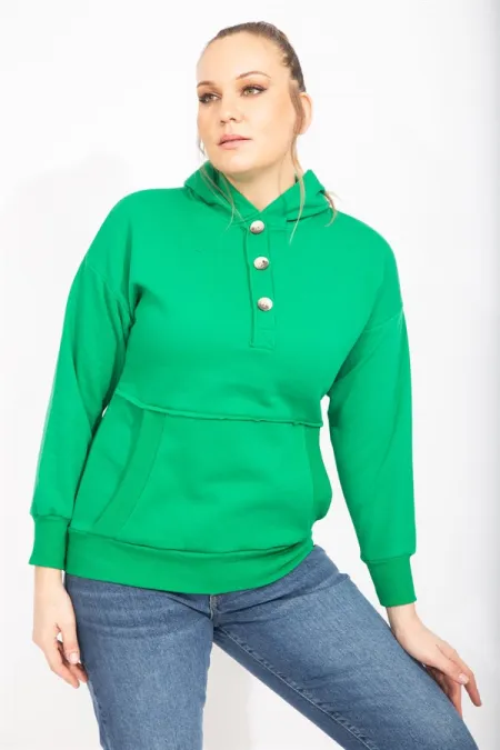 Kadın Siyah İçi Şardonlu 2 İplik Kumaş Ön Pat Düğmeli Kanguru Cep Ve Kapşonlu Sweatshirt 65N35462