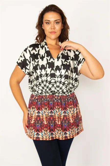 Kadın Renkli Bel Kısmı Lastikli Desenli Bluz 65N34089