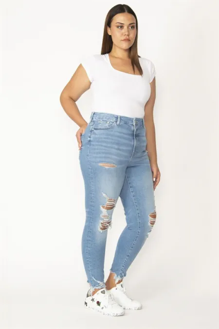 Kadın Mavi Yırtık Detaylı Yıkama Efektli 5 Cepli Skinny Kot Pantolon 65N28095