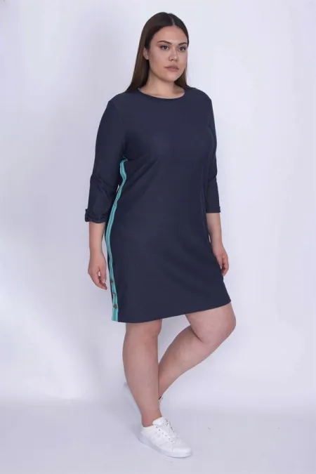 Kadın Lacivert Tensel Kot Yanları Metal Düğme Yırtmaçlı Yan Şeritli Elbise 65N25966