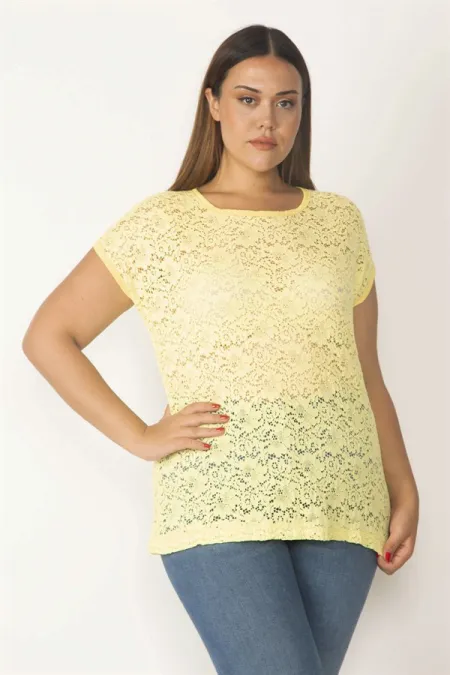 Kadın Sarı Düşük Kol Dantel Bluz 65N28464