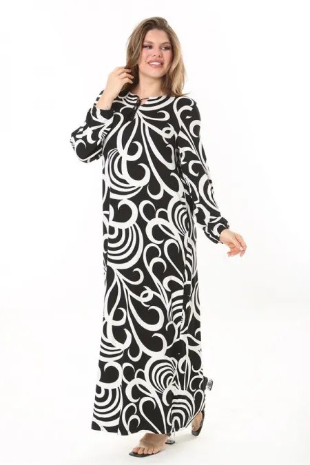 Kadın Büyük Beden Kahve Yaka Bağcıklı Uzun Kollu Maksi Boy Elbise 65N37866