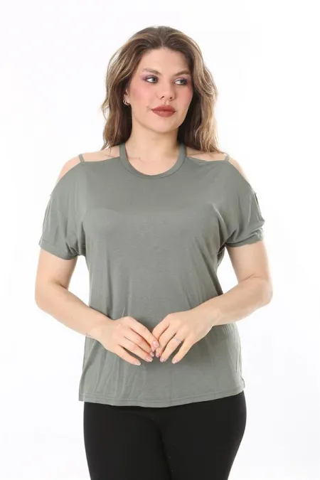 Kadın Büyük Beden Haki Omuz Dekolteli Bluz 65N38047