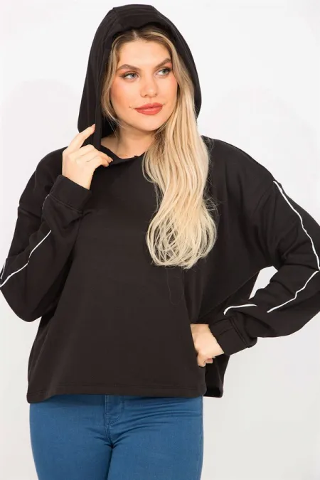Women's Black Hooded Sweatshirt with Piping Detail on the Sleeves 65N35301
