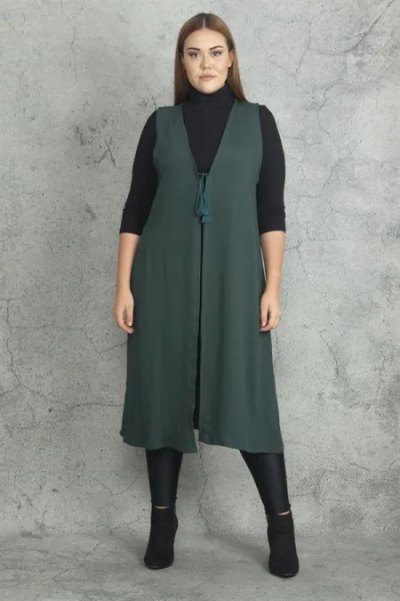 Kadın Gri Önü Bağcık Detaylı Astarsız Uzun Yelek 65N19823