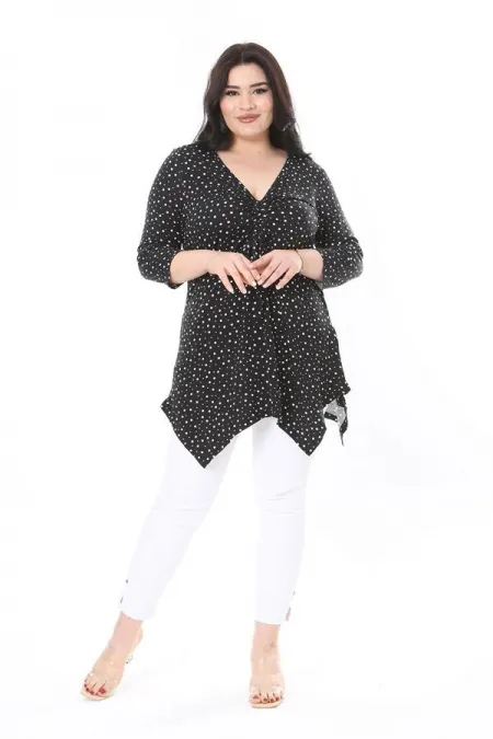 Kadın Büyük Beden Siyah Göğüs Büzmeli Puan Desenli Kapri Kollu Bluz 65N37949