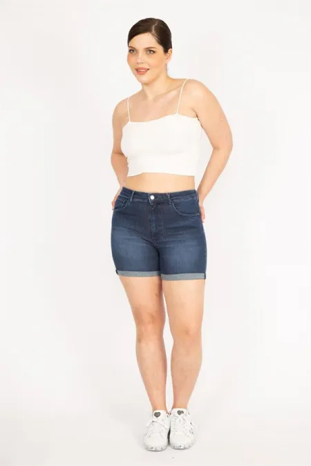 Kadın Lacivert Büyük Beden 5 Cepli Skinny Kot Şort