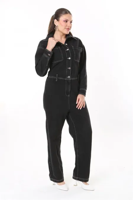 Kadın Büyük Beden Siyah Kontrast Dikişli Metal Düğmeli Kot Tulum 65N37723