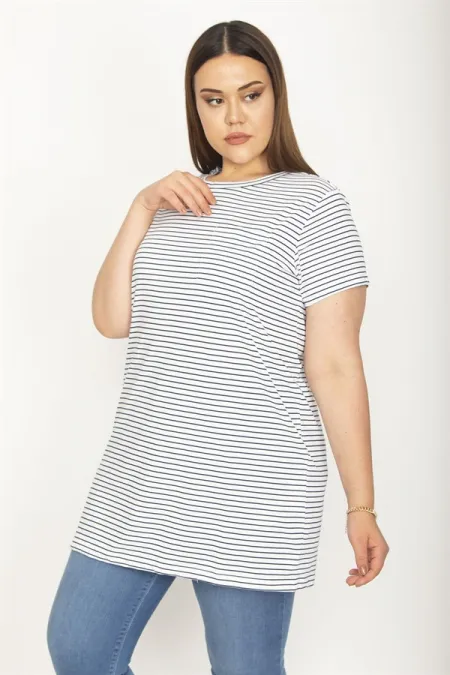 Kadın Beyaz Pamuklu Kumaş Peto Cepli Çizgili Tunik 65N26365