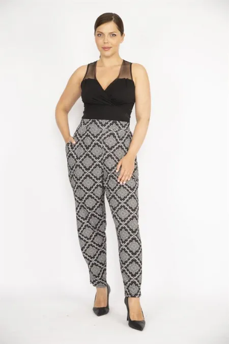 Kadın Büyük Beden Siyah Beli Lastikli Yan Cepli Desenli Pantolon 65N37242