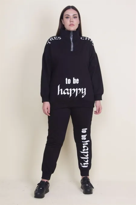 Kadın Gri Pat Fermuar Detaylı Şardonlu Baskılı Eşofman Takım 65N21019