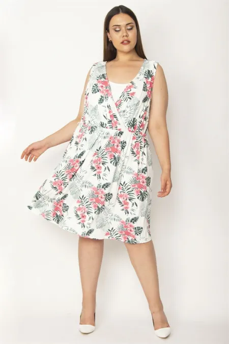 Kadın Kemik İç Yakası Düz Kumaş Detaylı Anvelop Yakalı Çiçek Desenli Elbise 65N26950