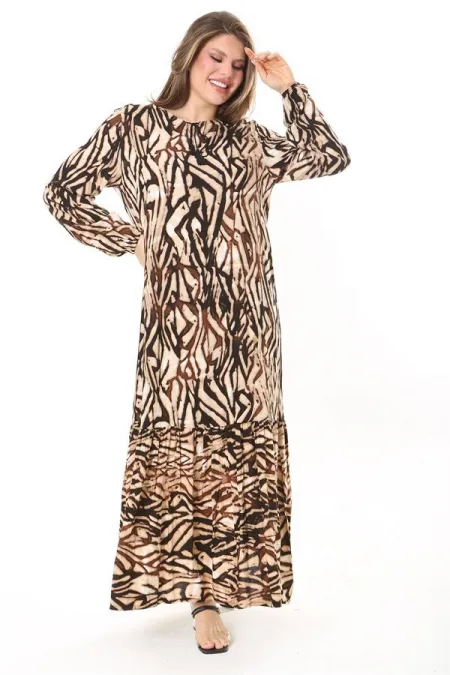 Kadın Kahve Dokuma Viskon Kumaş Eteği Katlı Uzun Kollu Elbise 65N37867