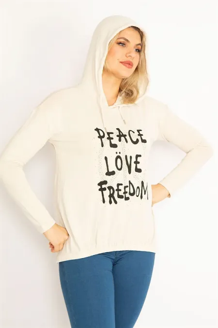 Kadın Bej Ön Baskılı Kapşonlu Etek Ucu Lastikli Bluz 65N34600