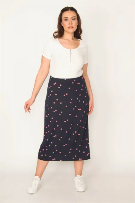 KADIN LACİVERT BEL LASTİKLİ DESENLİ ETEK