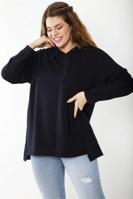 Women's Plus Size Navy Blue Relaxed Cut Side Slit Hooded Sweatshirt 65N37200