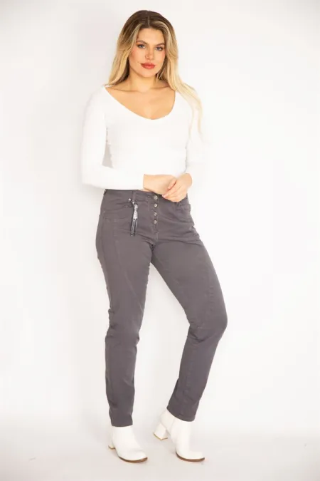 Kadın Füme Likralı Gabardin Kumaş Kup Detaylı Düğmeli Pantolon 65N35262