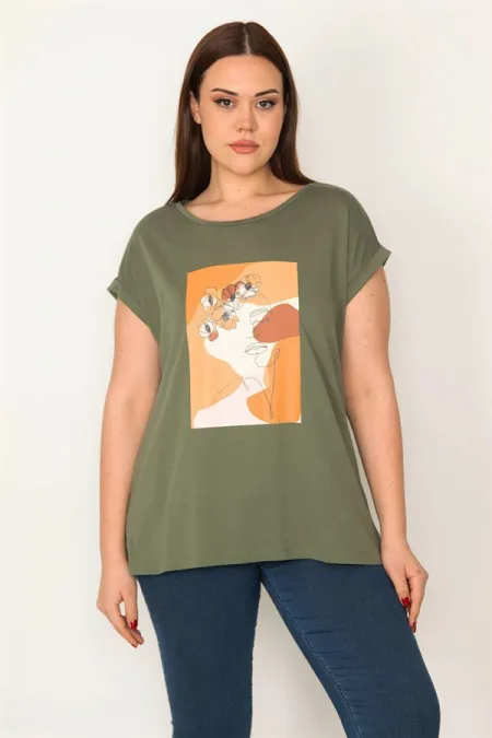 KADIN HAKİ PAMUKLU KUMAŞ DİJİTAL BASKILI KISA KOLLU BLUZ