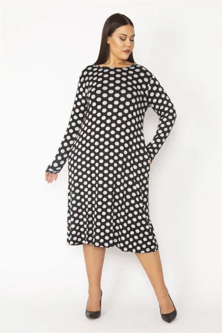 Kadın Renkli Uzun Kollu Puan Desenli Krep Elbise 65N28334