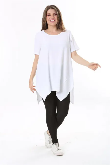 Kadın Büyük Beden Beyaz Bürümcük Kumaş Etek Ucu Kup Detaylı Kısa Kollu Bluz 65N37857