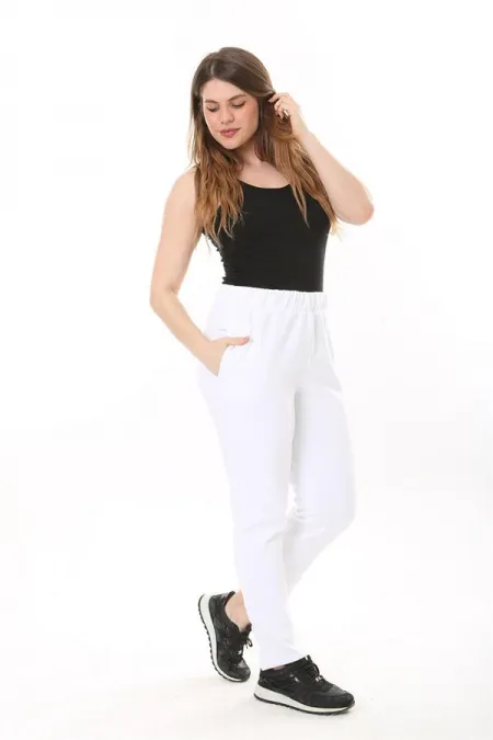 Kadın Büyük Beden Beyaz İçi Şardonlu Yan Cepli Eşofman Alt 65N37566