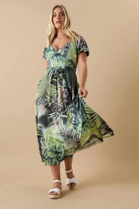 Kadın Büyük Beden Yeşil, Anvelop Yaka, Kısakol, Çiçek Desenli Uzun Elbise 65N38999