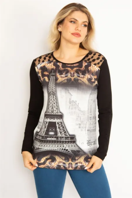 Kadın Siyah Omuz Robası Dantel Taş Ve Baskı Detaylı Tunik 65N34682