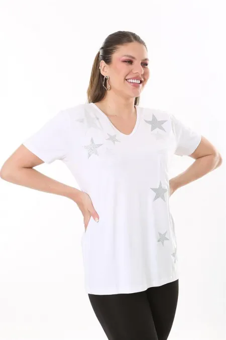 Kadın Büyük Beden Beyaz Taş Detaylı V Yaka Göğüs Cepli Kısa Kollu Bluz 65N37678