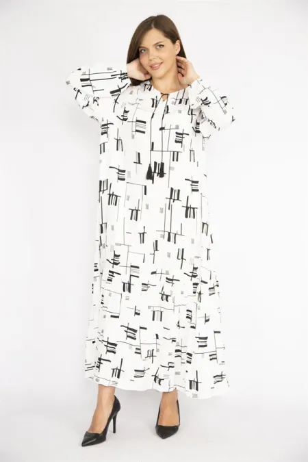 Kadın Beyaz Büyük Beden Dokuma Viskon Kumaş Etek Ucu Katlı Uzun Kollu Elbise