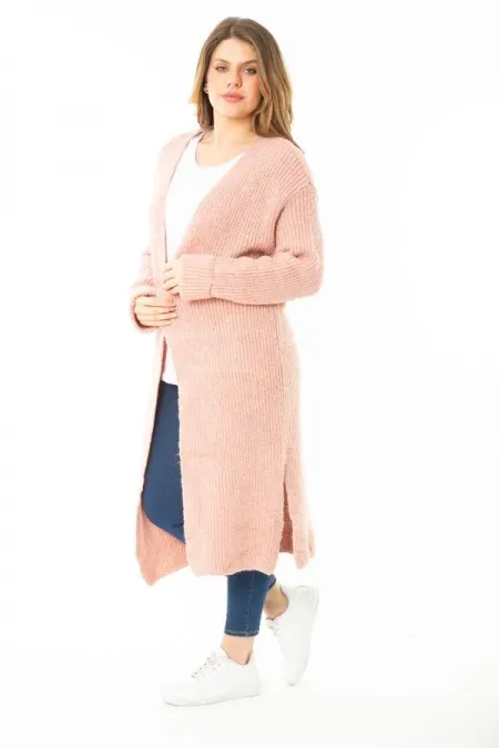 Kadın Büyük Beden Pembe Yırtmaçlı Kalın Triko Uzun Hırka 65N37139