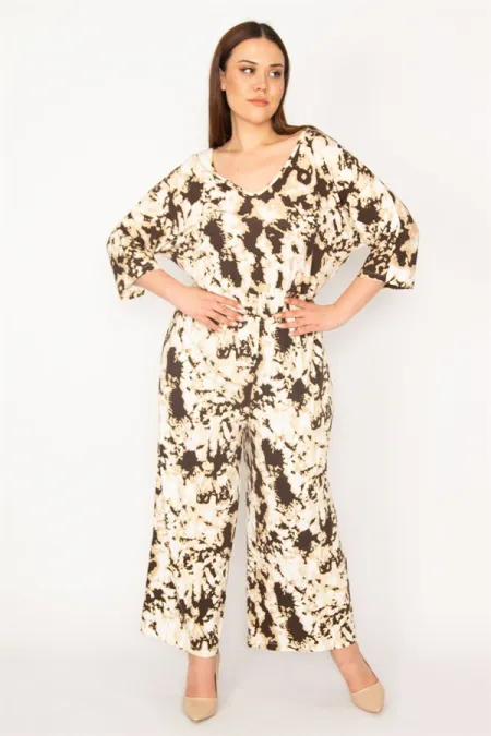 KADIN KAHVE BATİK DESENLİ BEL KISMI LASTİK VE CEP DETAYLI GENİŞ PAÇALI TULUM