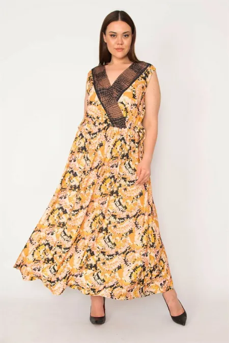 KADIN RENKLİ ANVELOP YAKALI UZUN ELBİSE