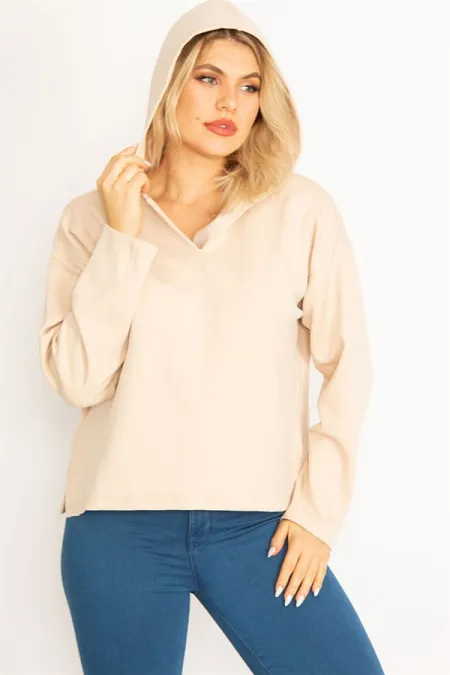 Women's Beige Hooded Side Slit Lycra Sweatshirt 65N34750