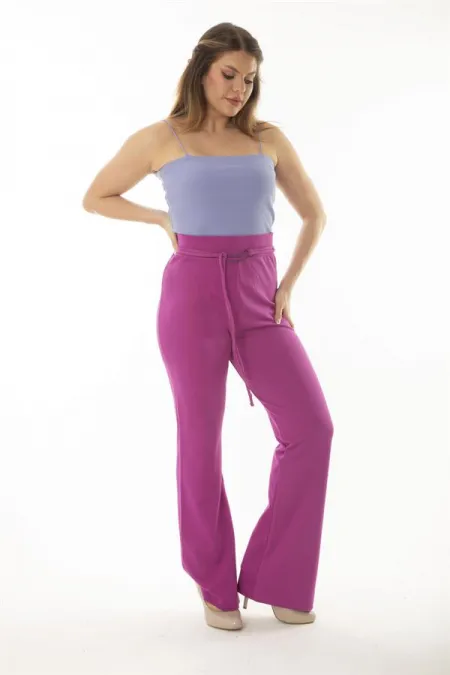 Kadın Büyük Beden Fujya Beli Lastik Ve Metal Tokalı Bağcık Detaylı Geniş Paça Pantolon 65N36998