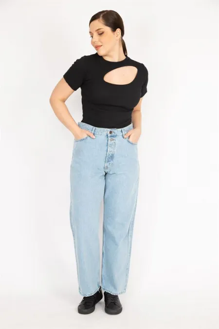 Kadın Mavi Büyük Beden Yıkama Efektli Yüksek Bel Ön Düğmeli Kot Pantolon