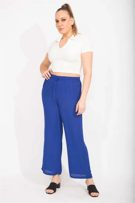 Kadın Saks Krep Şifon Kumaş Astarsız Beli Lastikli Pantolon 65N35555