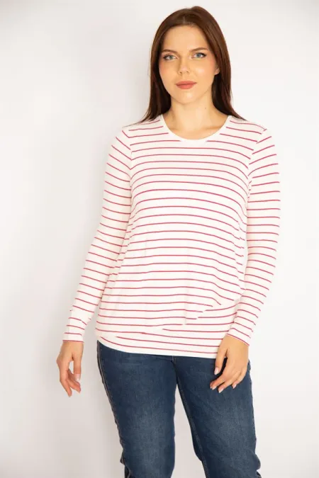 Kadın Kırmızı Önü Anvelop Çizgili Bluz 65N34917