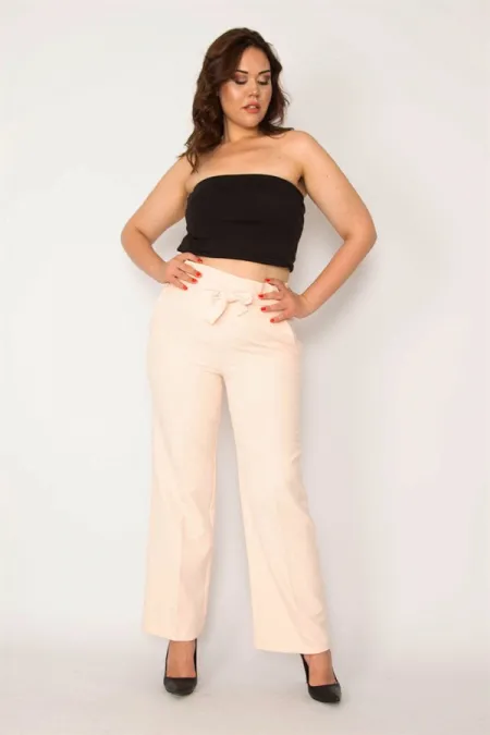 Kadın Hardal Beli Kuşak Bağlamalı Yan Gizli Fermuarlı Pantolon 65N33793